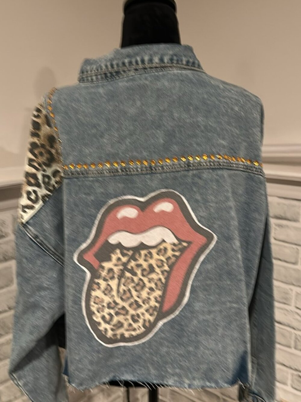 Leopard Print Denim Jean Jacket with Rolling Stones Upcycled Logo an Rhinestones